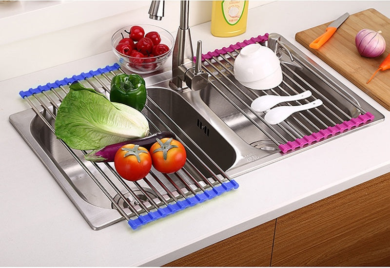 Folding Kitchen Sink Rack - Stainless Steel Dish Drying Organizer