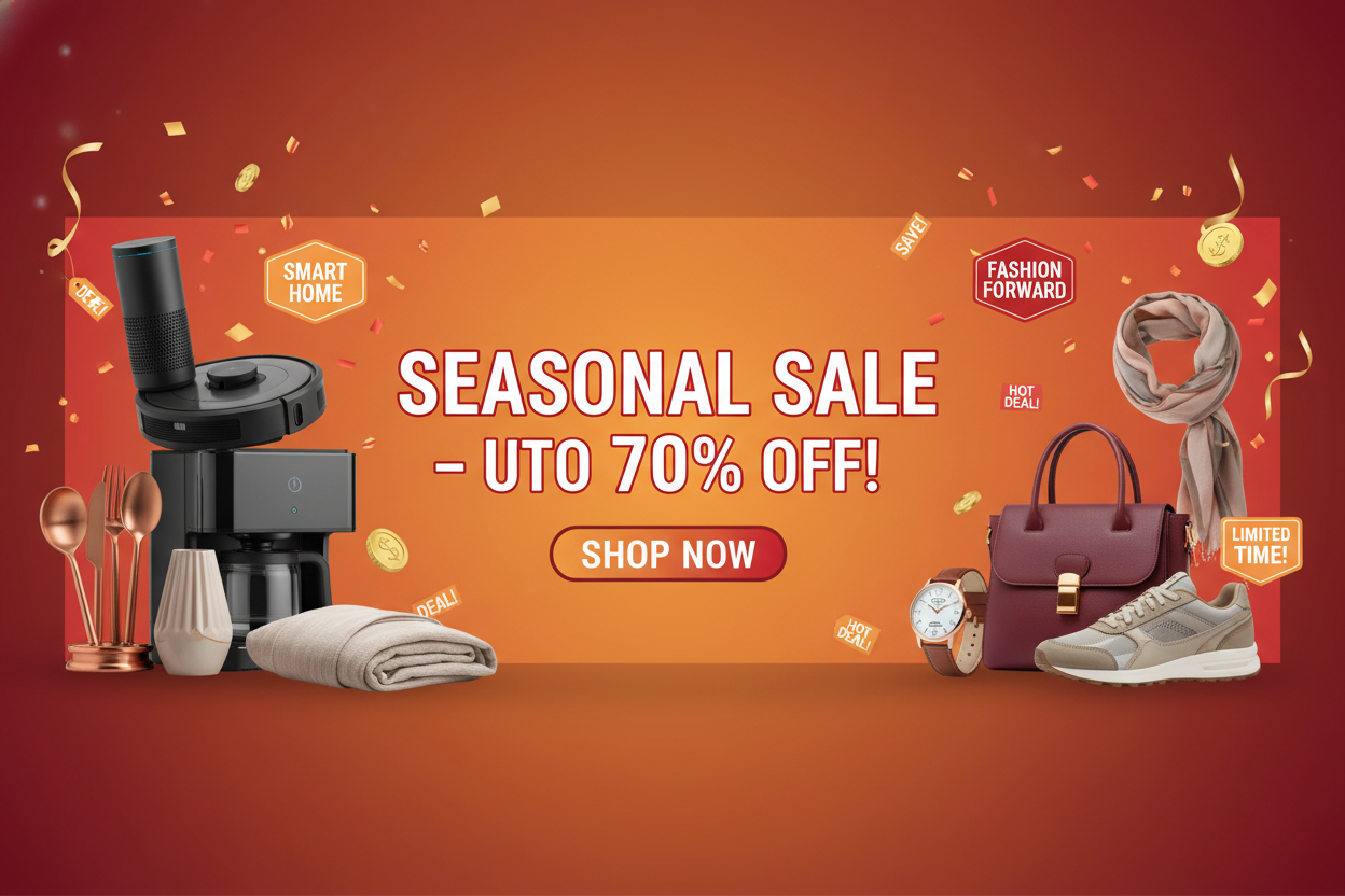 “A vibrant and modern online store banner for a Seasonal Sale, showcasing household gadgets and trendy fashion items at huge discounts. Include items like smart home devices, kitchen tools, home decor, watches, handbags, shoes, and clothing. Add bold text that says ‘Seasonal Sale – Up to 70% Off!’ and ‘Shop Now’. The design should be clean, professional, and eye-catching, with a festive, colorful background (use warm tones like orange, red, and gold). Include confetti or sale tags to add excitement. Ideal f