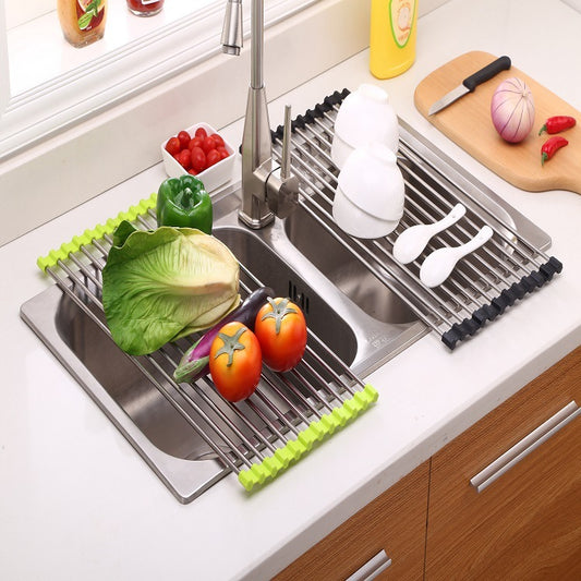 Folding Kitchen Sink Rack - Stainless Steel Dish Drying Organizer